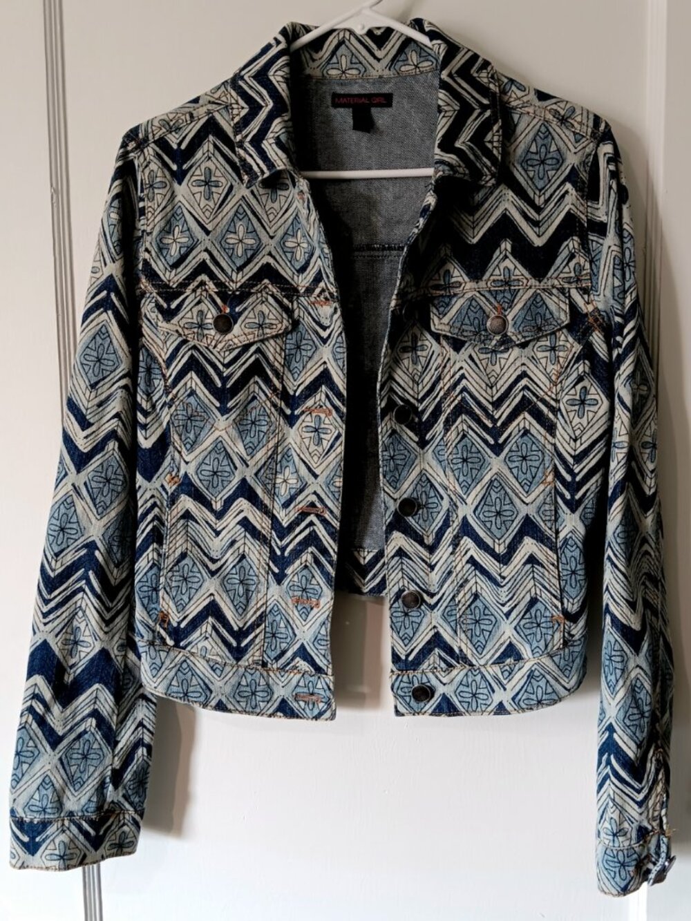 Chevron Aztec Cropped Denim Jacket Material Girl S Indie Y2K Boho Grunge Western